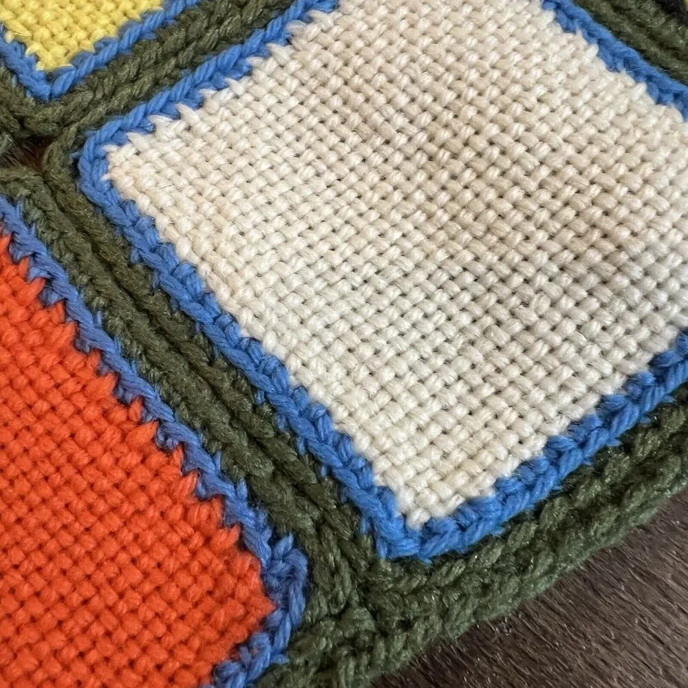 Vtg Crocheted Scrap Square Afghan Throw 40x50 Handmade Mod 60s 70s Masculine